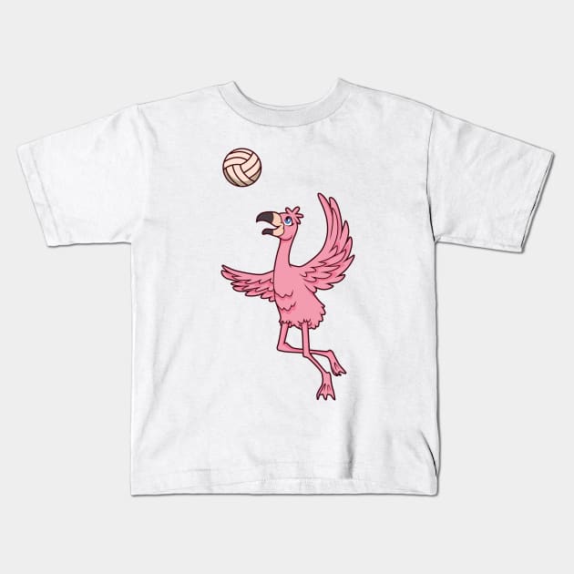 Cartoon flamingo playing volleyball Kids T-Shirt by Modern Medieval Design